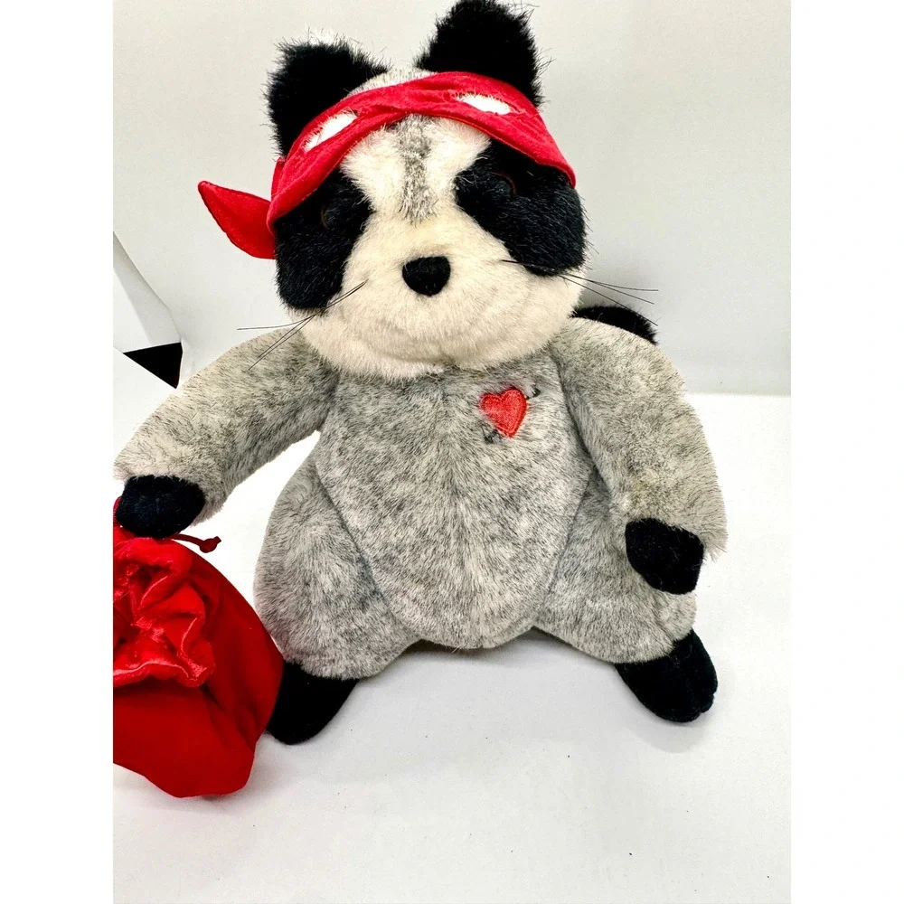 Vintage Hallmark Bandit Raccoon Plush Red Mask Heart Bag Grey Stuffed Animal‎ 9